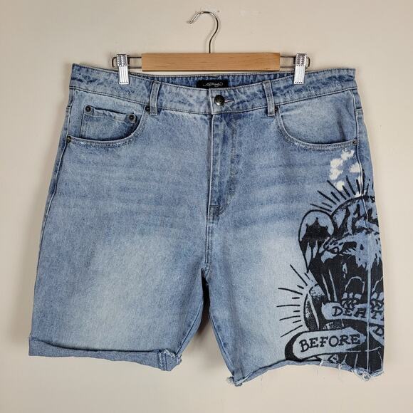 VTG Ed Hardy Shorts 36 Blue Denim Jean Death Before Dishonor Wide Leg Cutoff Y2K - Picture 1 of 9
